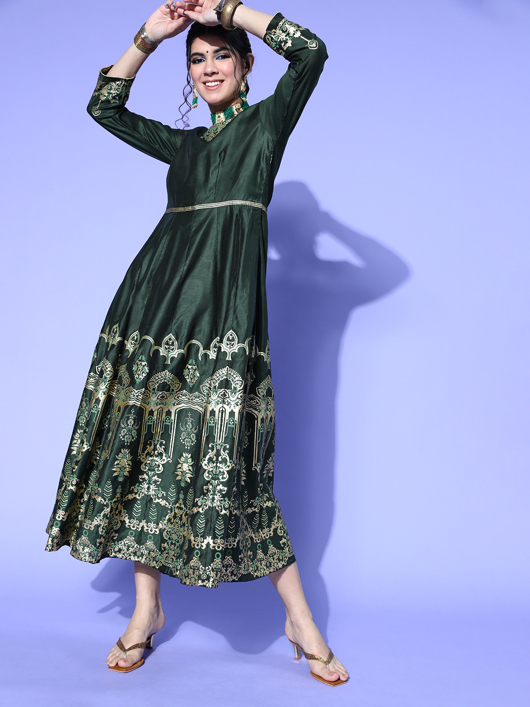 

Indo Era Green & Golden Ethnic Motifs Print Maxi Dress
