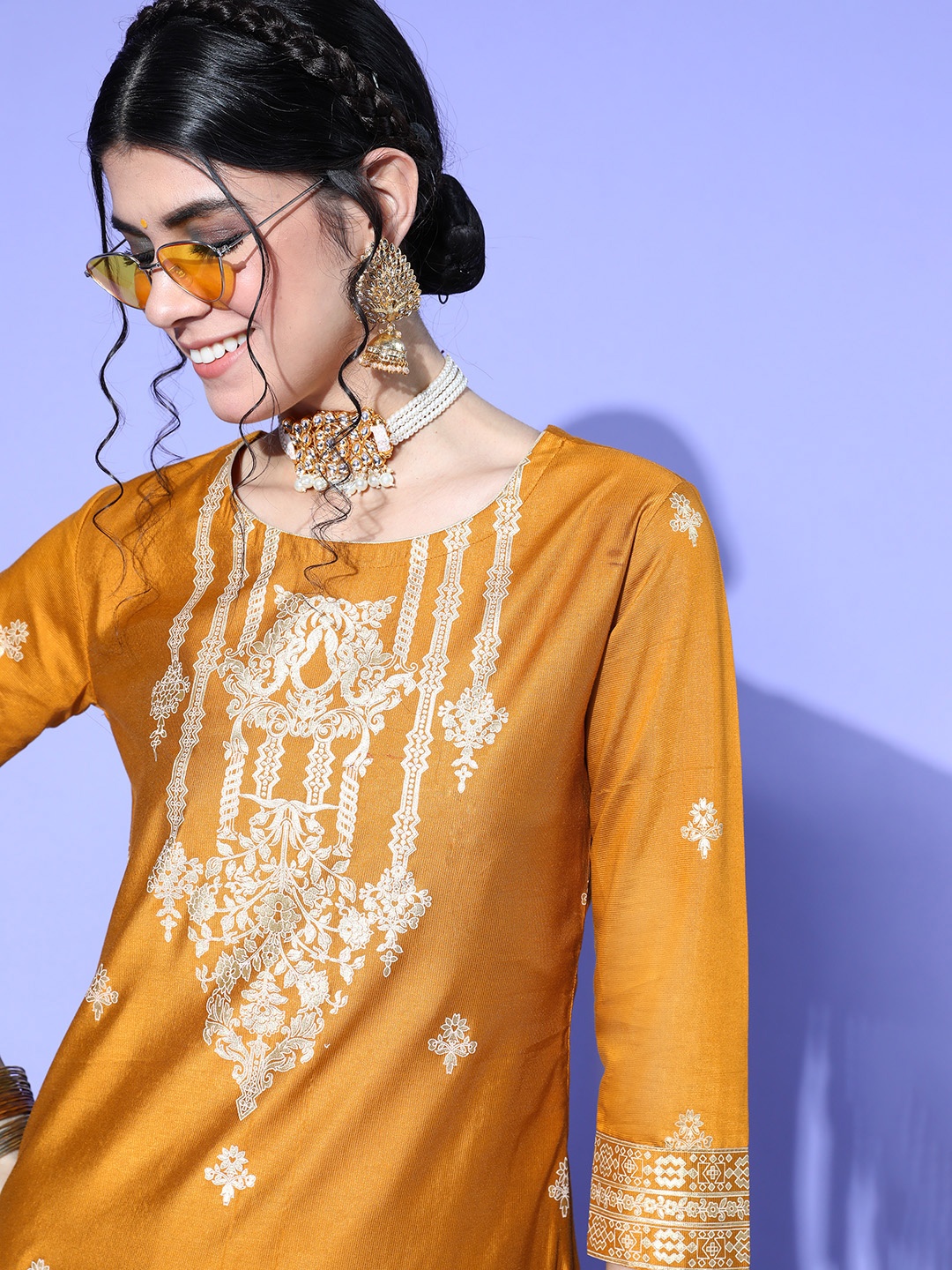 

Indo Era Women Mustard Yellow Ethnic Motifs Printed Kurta with Palazzos