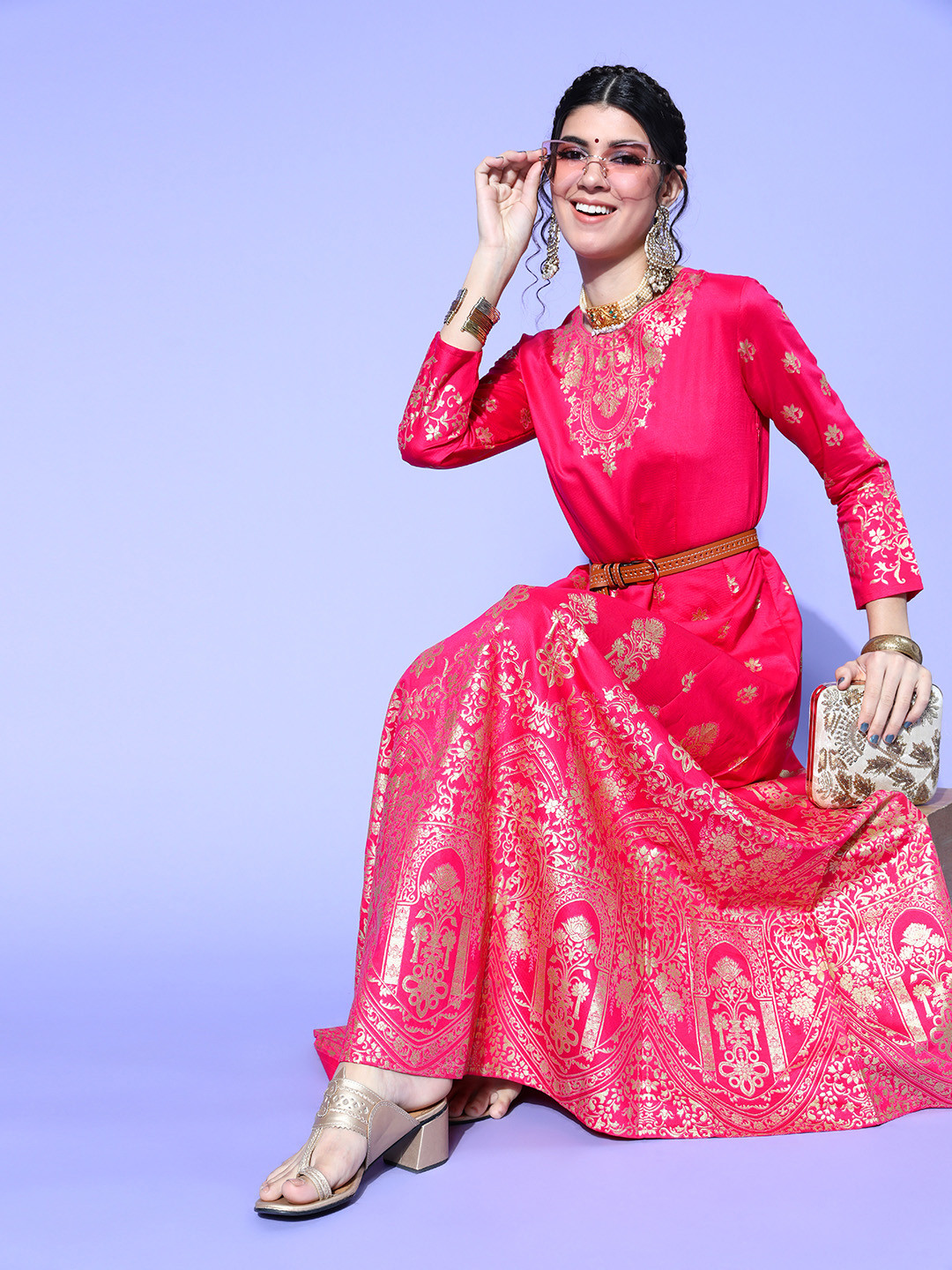 

Indo Era Pink & Golden Ethnic Motifs Print Maxi Dress