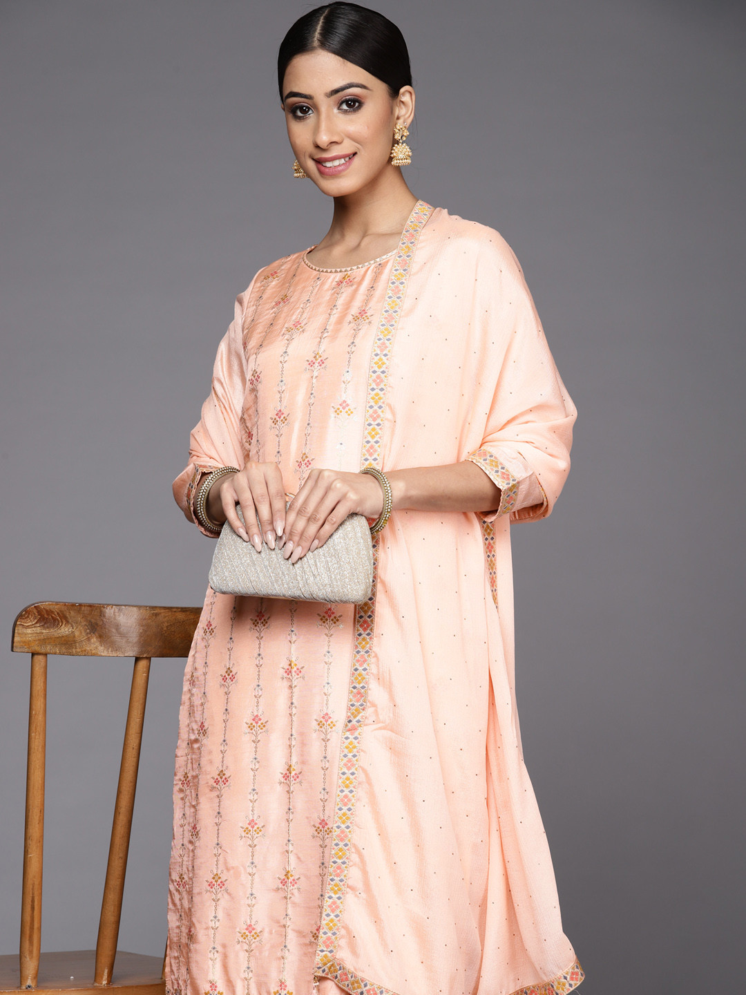 

Libas Women Peach-Coloured Floral Kurta with Trousers & With Dupatta