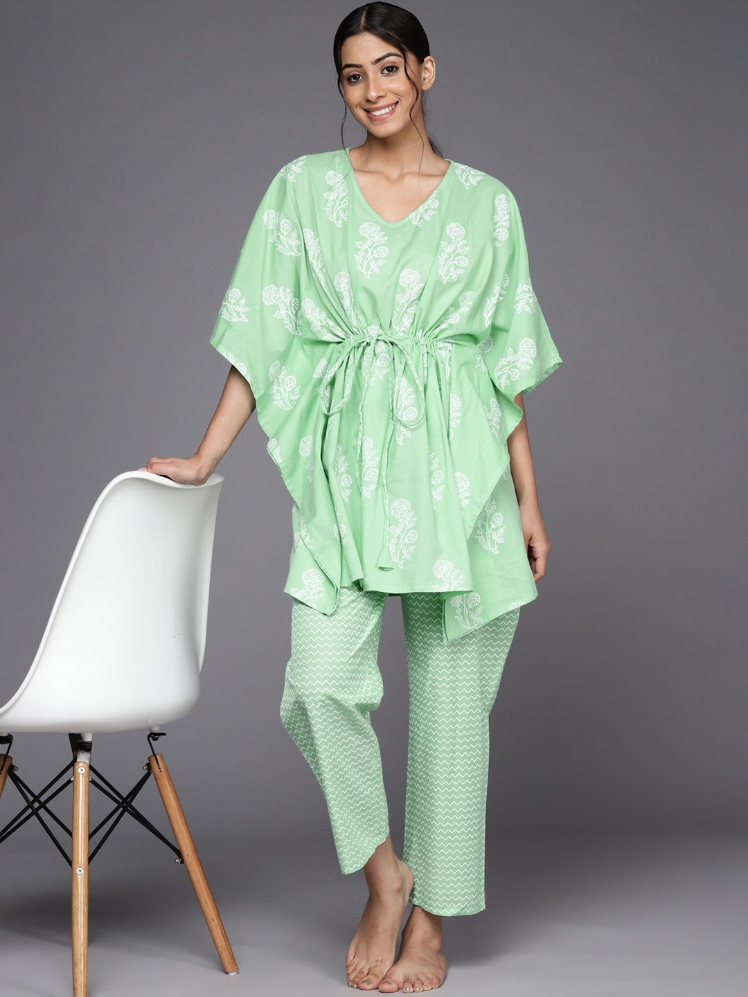 

Libas Women Sage Green & White Floral Print Cotton Longline Pyjama Set