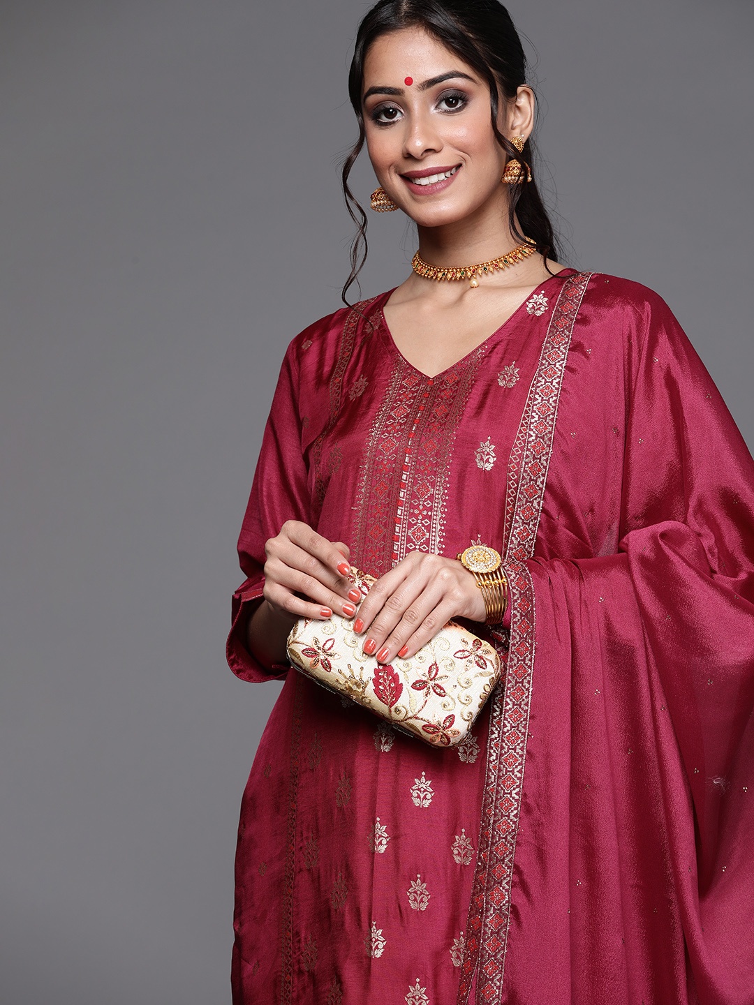 

Libas Women Magenta Floral Woven Design Kurta With Trousers & Dupatta