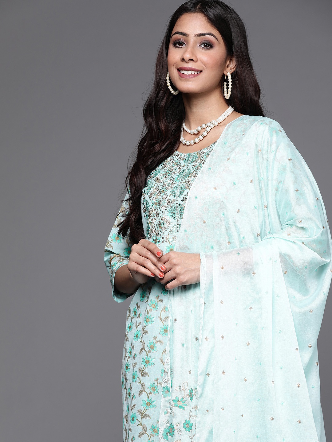 

Libas Women Blue & Gold Floral Embroidered Straight Kurta with Trousers & Dupatta
