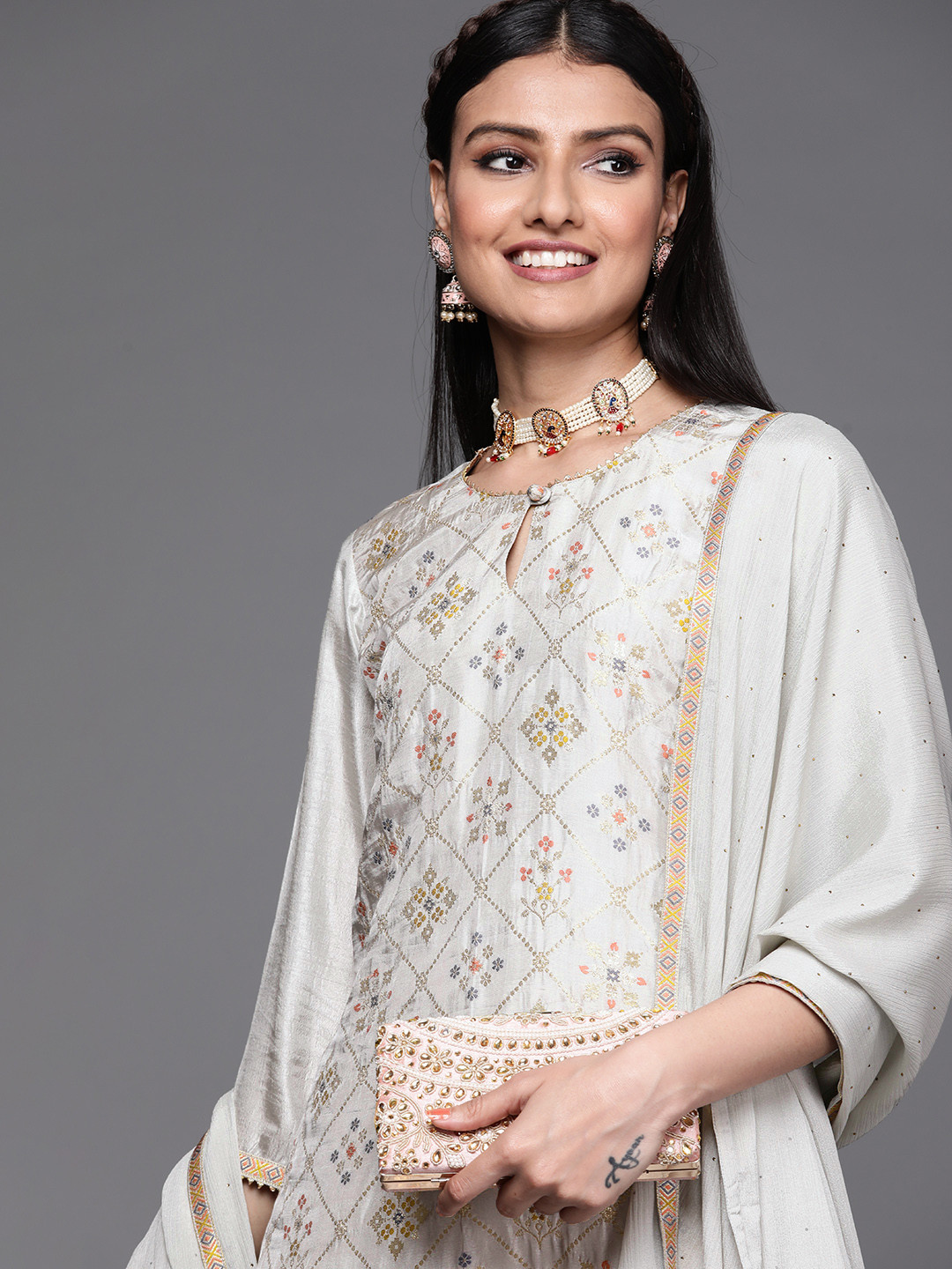 

Libas Women Grey & Gold Ethnic Motifs Straight Kurta with Trousers & With Dupatta