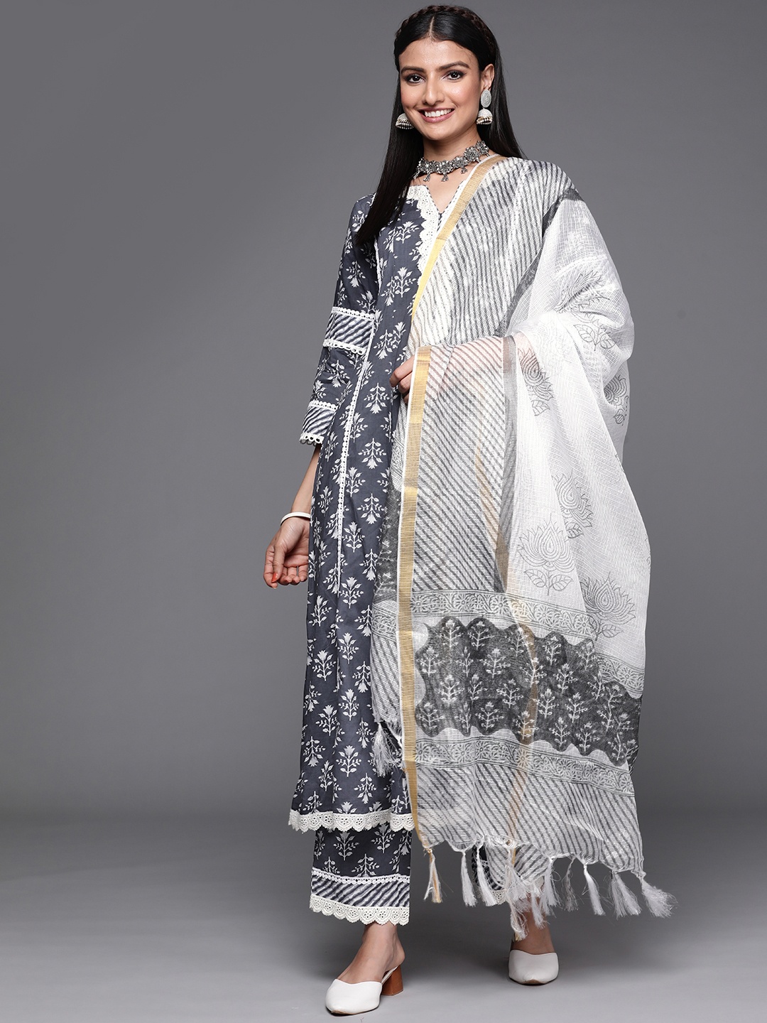 

Libas Women Charcoal Grey & White Floral Print Cotton A-Line Kurta Palazzos Dupatta