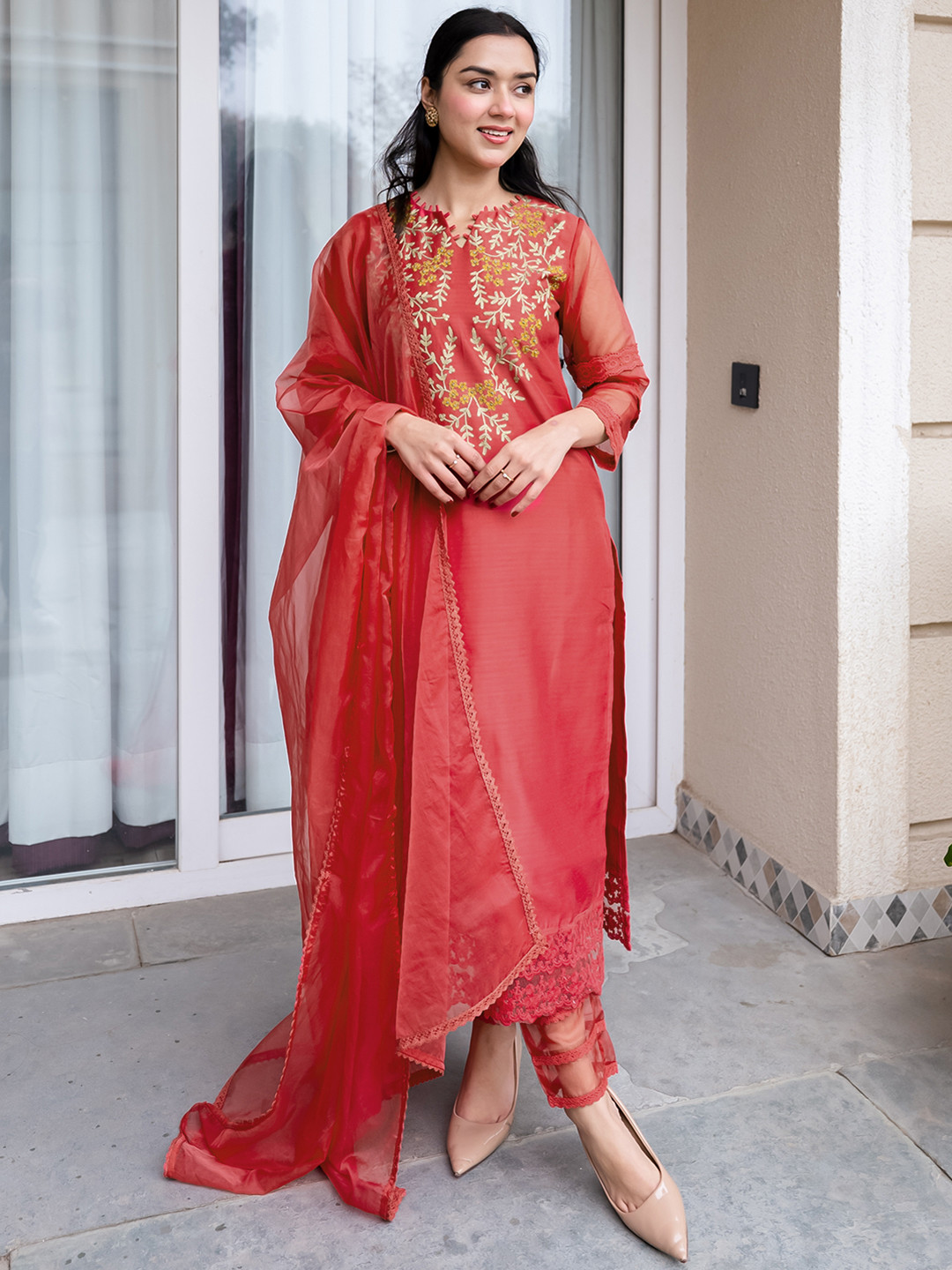 

Libas Women Pink Floral Printed Thread Work Chanderi Silk Kurta with Trousers & With Dupatta