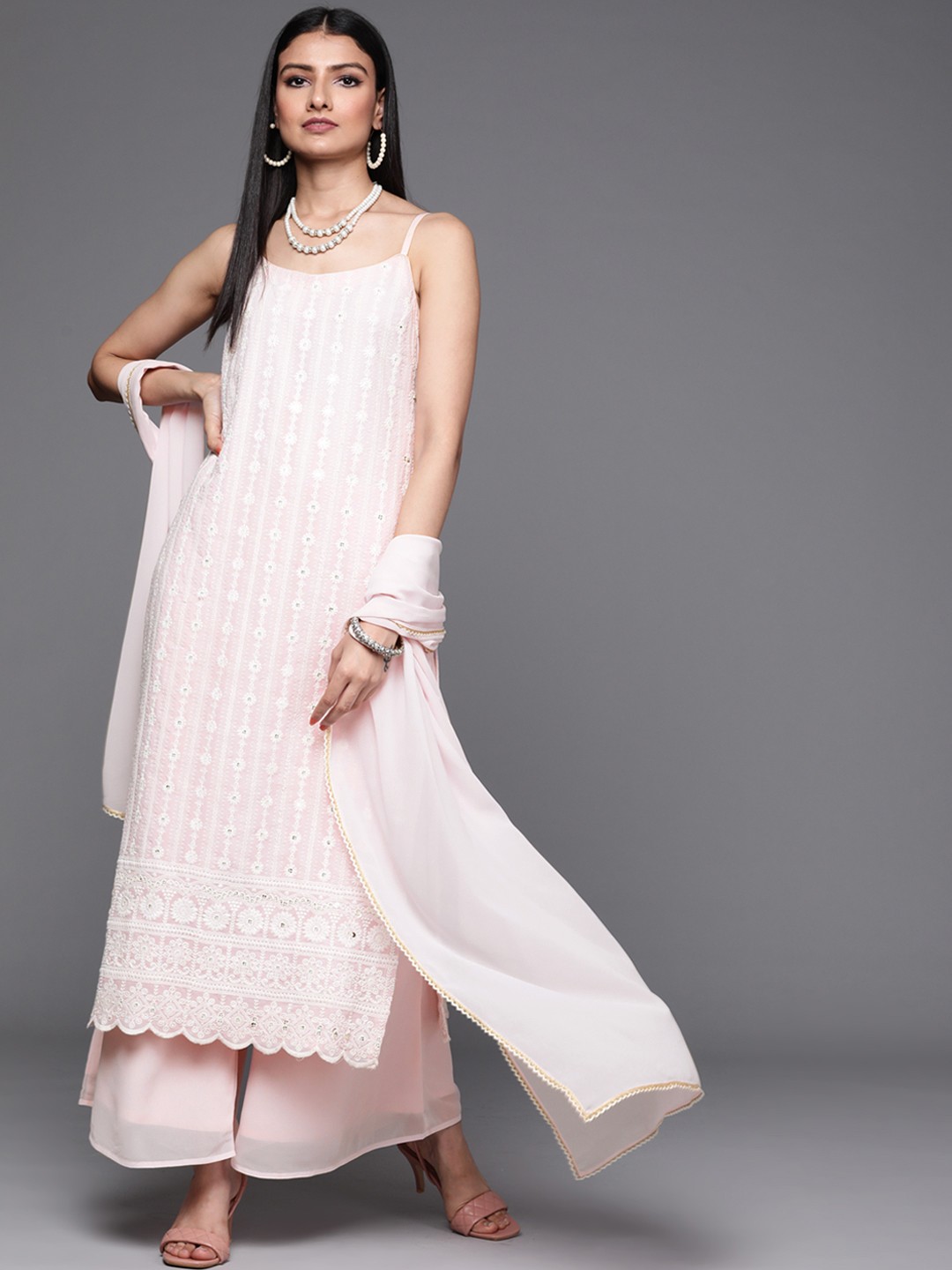 

Libas Women Pink & White Floral Embroidered Straight Kurta with Palazzos & With Dupatta