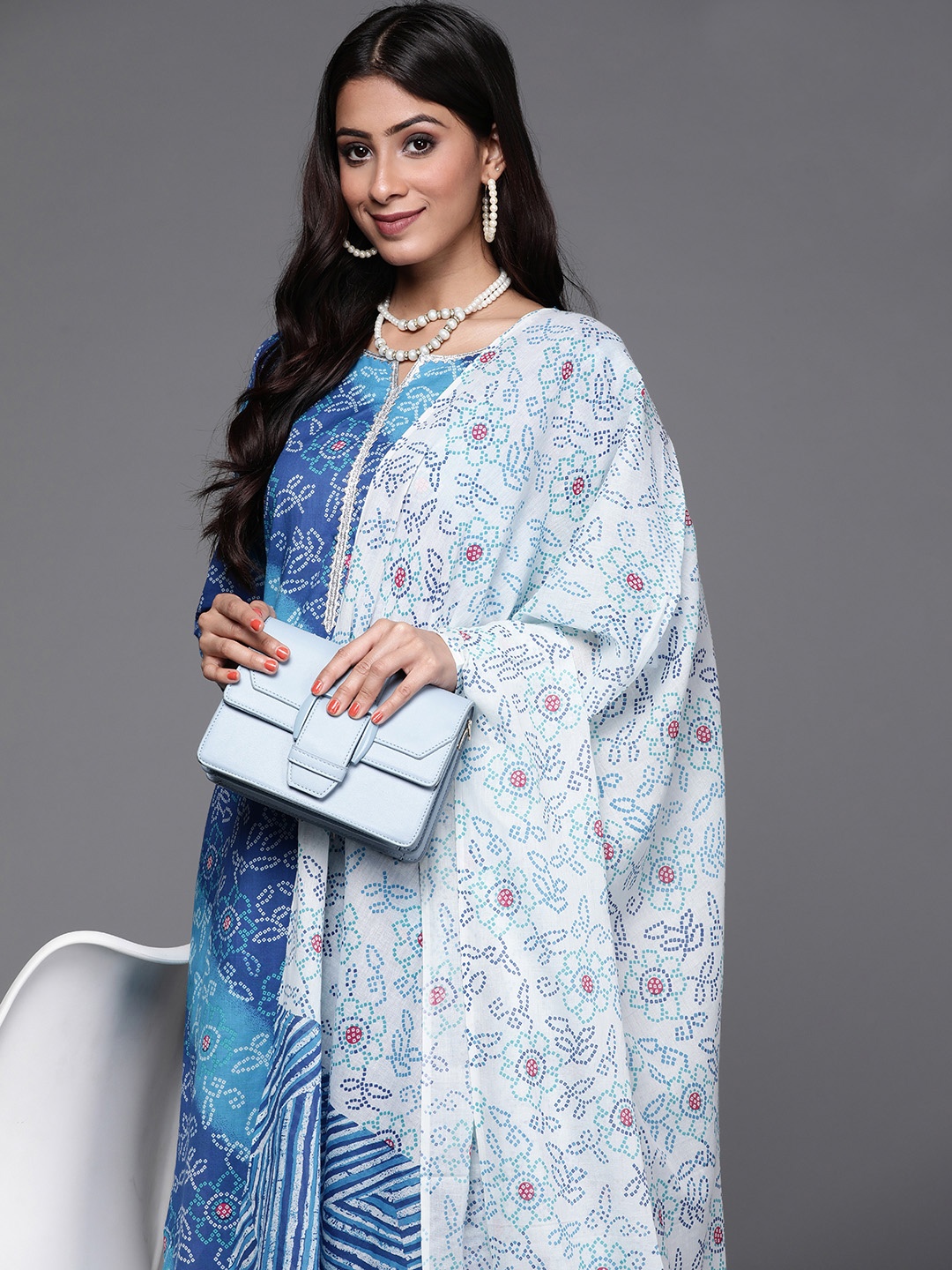 

Libas Women Blue Bandhani Print Straight Cotton Kurta with Trousers & With Dupatta