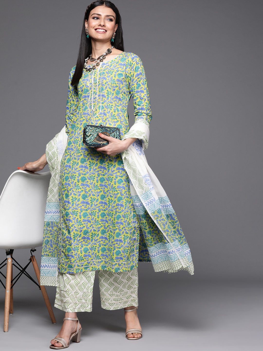 

Libas Women Green & Blue Floral Printed Cotton Straight Kurta with Palazzos & Dupatta