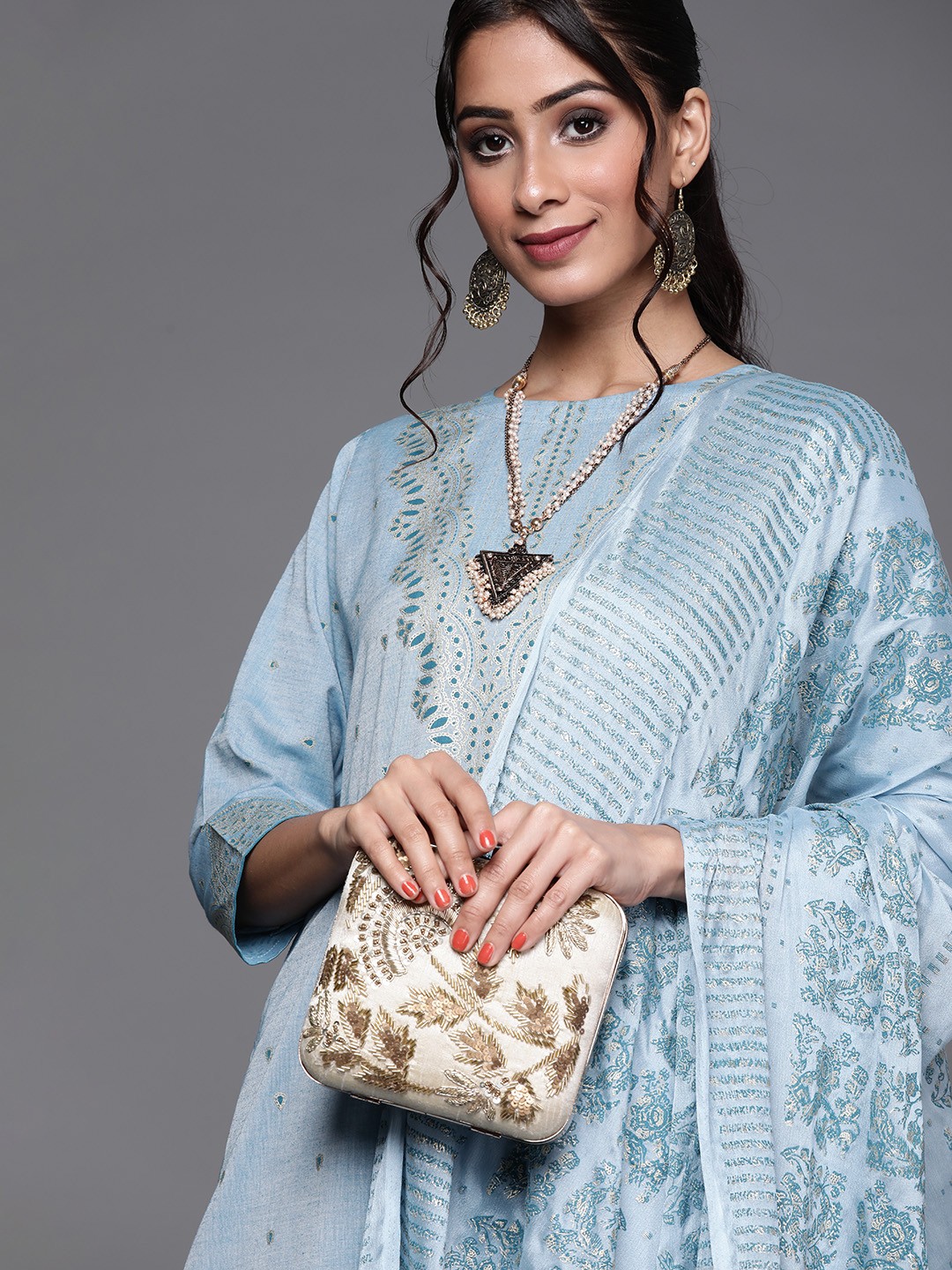 

Libas Women Blue & Gold Floral Printed Straight Kurta with Trousers & Dupatta