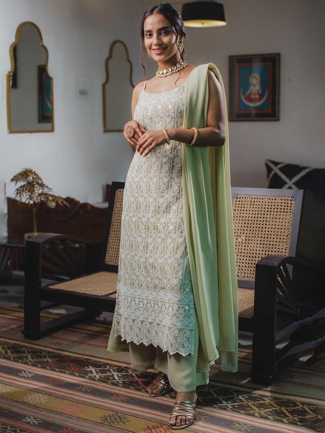 

Libas Women Sage Green & White Ethnic Embroidered Straight Kurta Palazzos Dupatta
