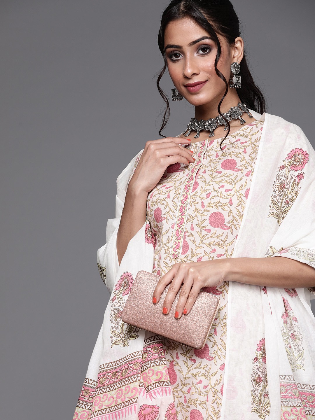 

Libas Women Pink & Lime Green Floral Print Cotton Kurta Afgan Salwar Dupatta