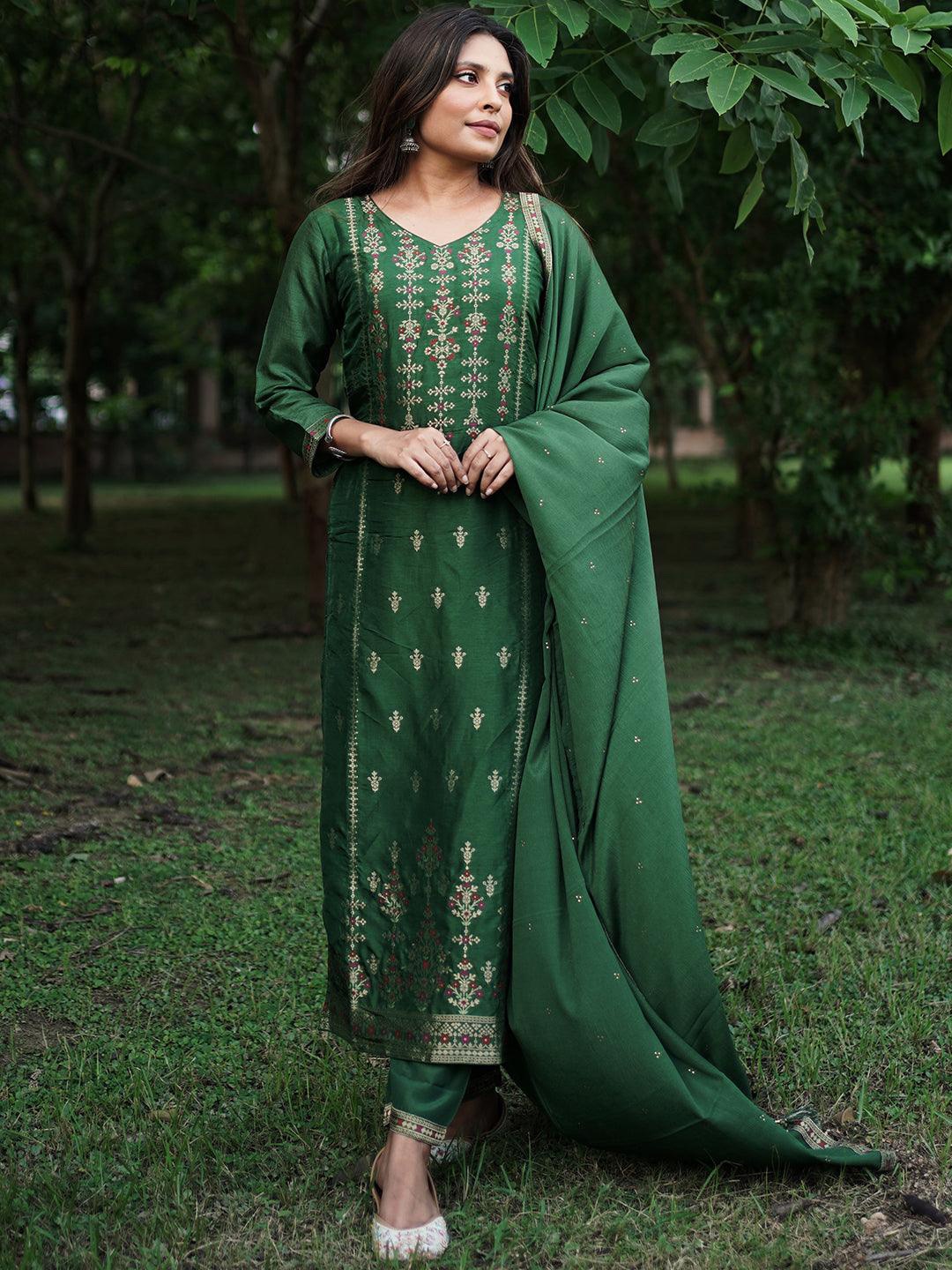 

Libas Women Green & Gold Zari Woven Design Straight Kurta with Trousers & With Dupatta