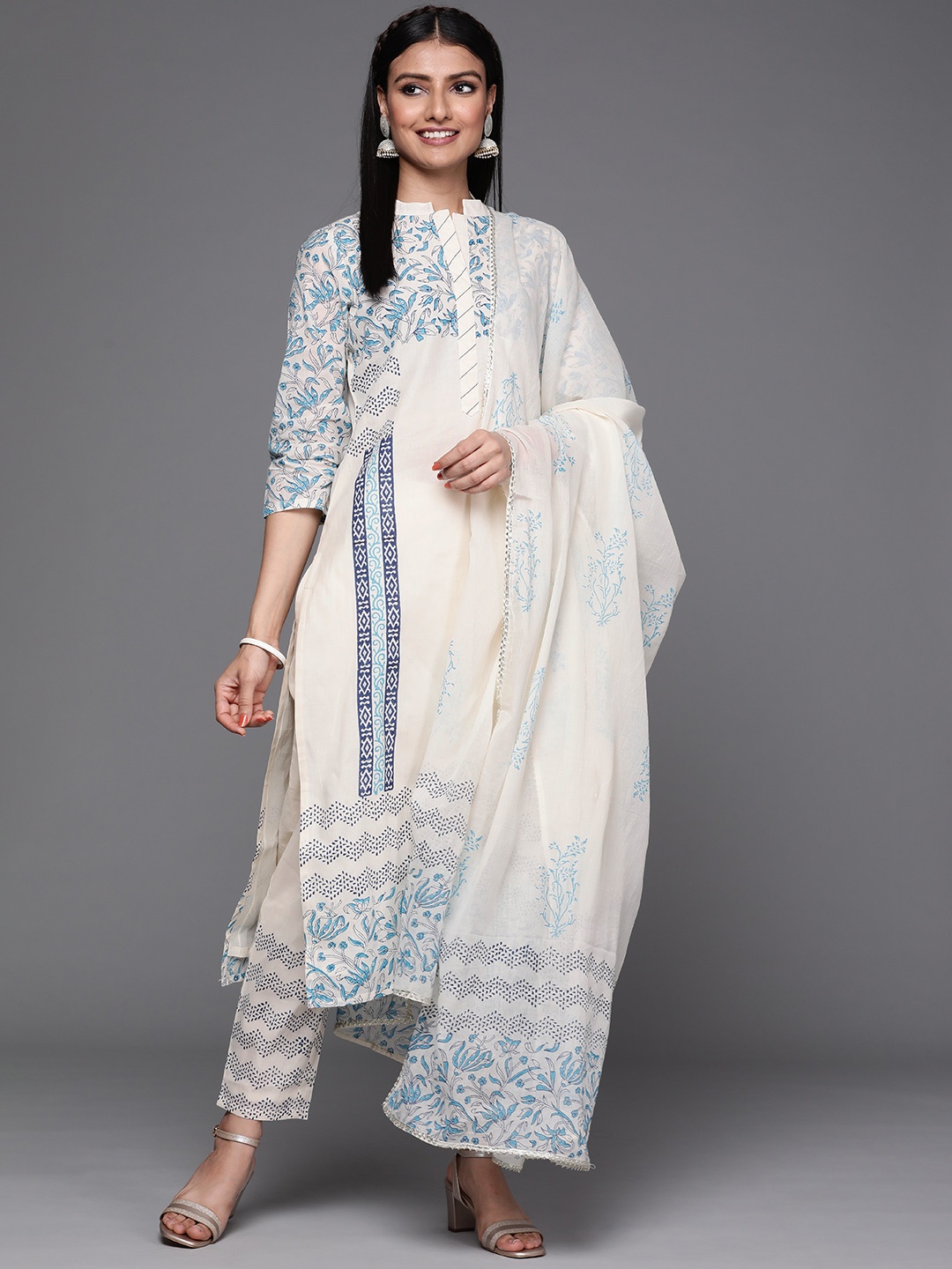 

Libas Women Off White & Blue Cotton Floral Print Gotta Patti Kurta with Trouser & Dupatta