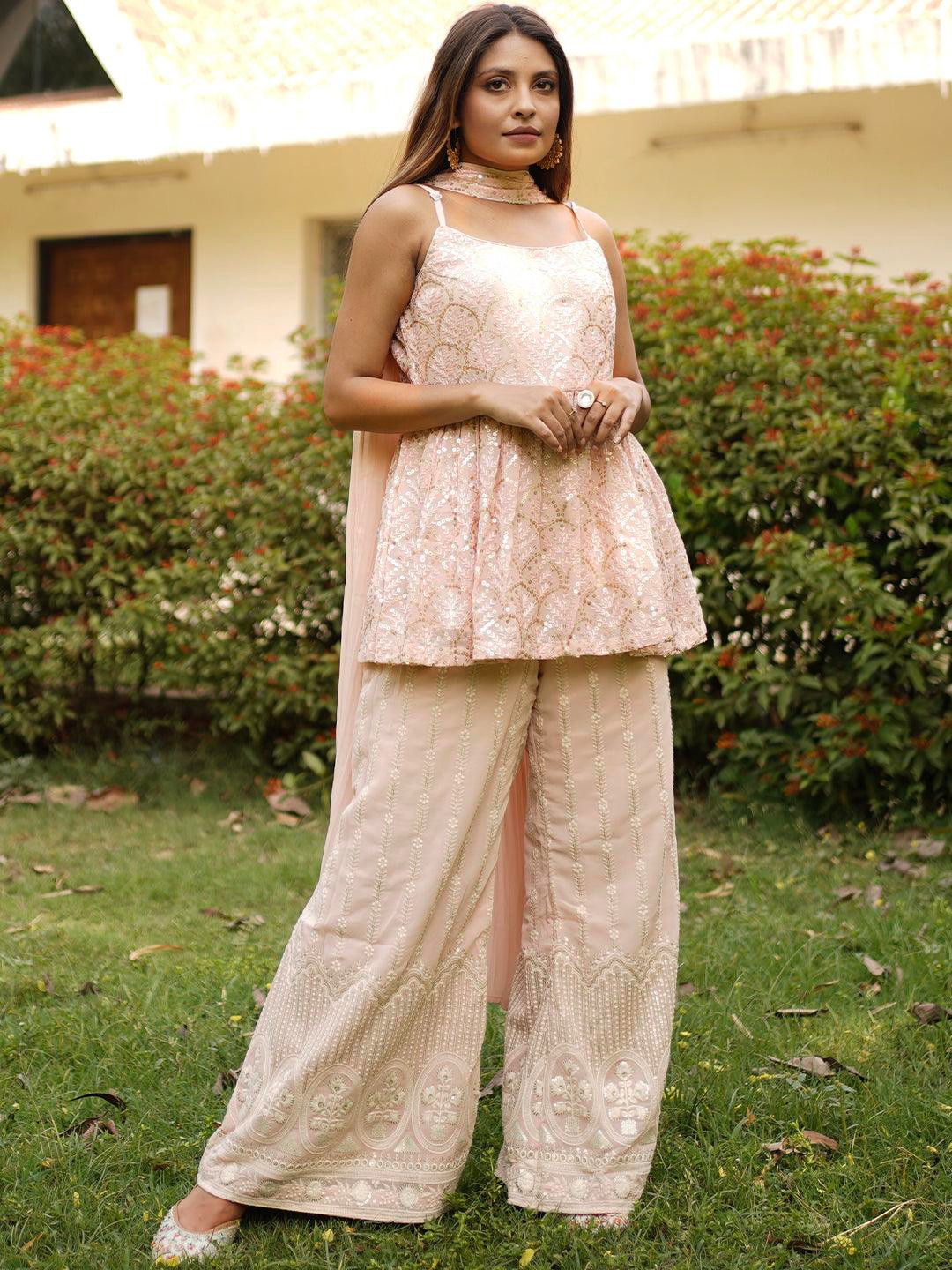 

Libas Women Floral Embroidered Sequined Top & Palazzos with Dupatta & Potli, Peach