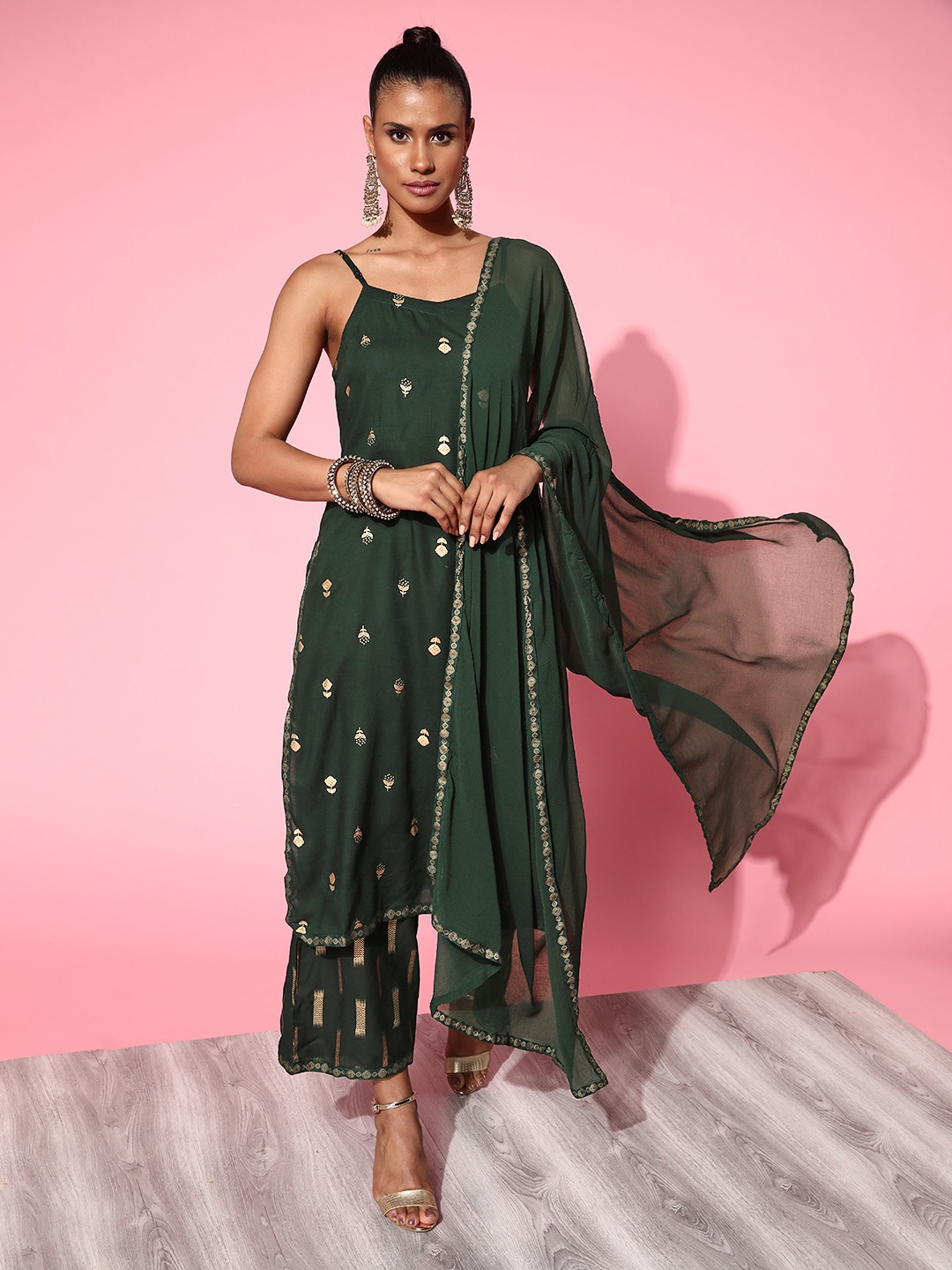

Libas Women Green & Gold Floral Printed Straight Kurta with Palazzos & Dupatta