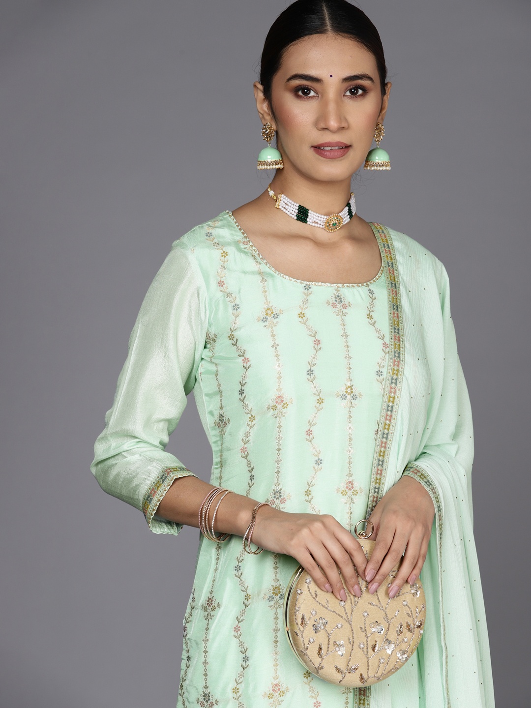 

Libas Women Ethnic Motifs Zari Straight Kurta with Trousers & With Dupatta, Sea green