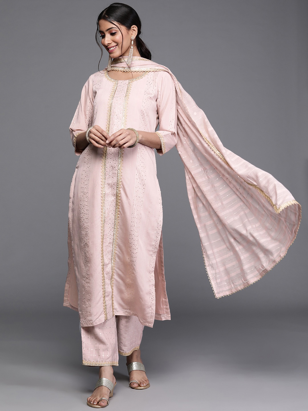 

Libas Women Pink & Gold Embroidered Sequinned Straight Kurta with Trousers & With Dupatta
