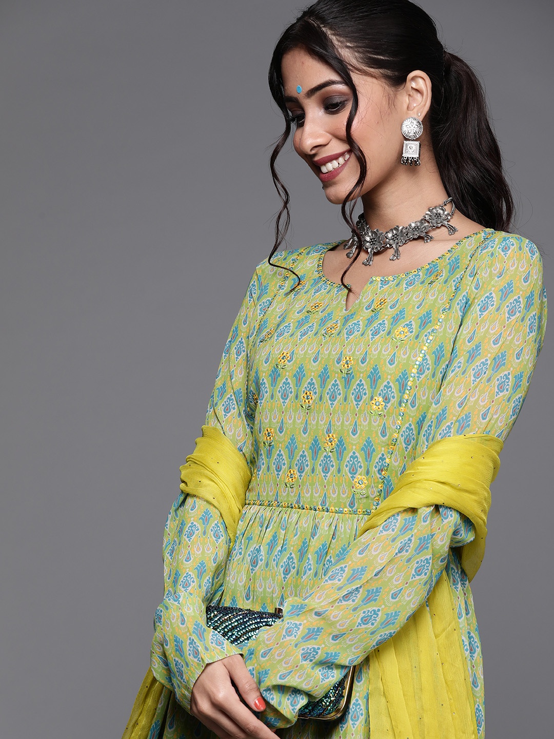 

Libas Women Lime Green & Blue Ethnic Print Mirror Work Kurta with Sharara & Dupatta