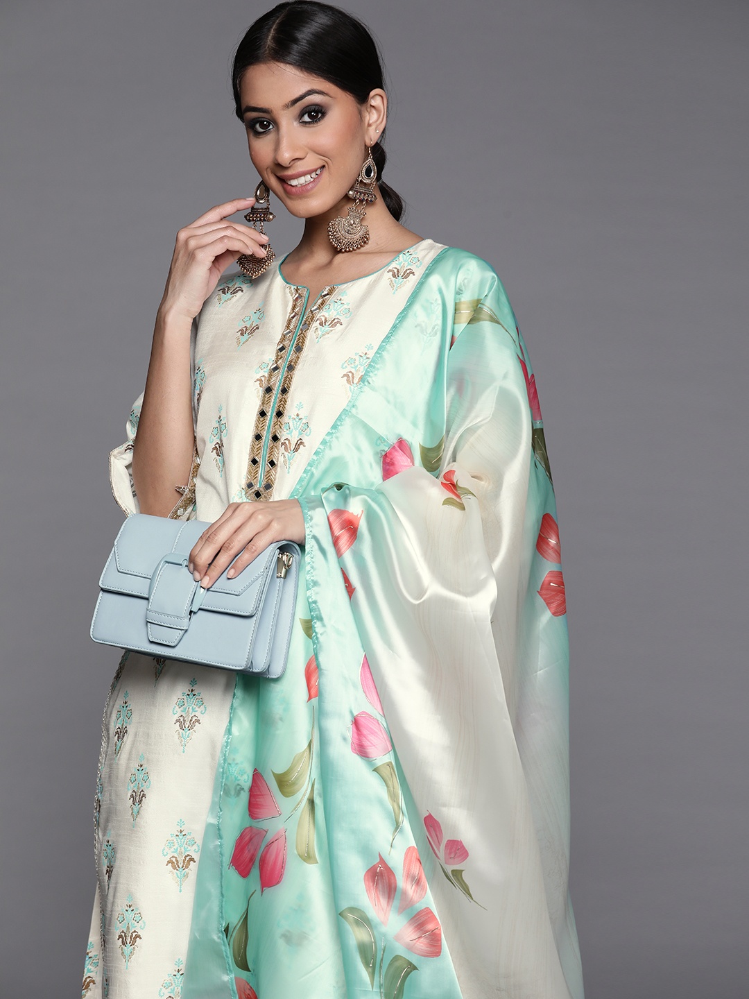 

Libas Women Beige Floral Gotta Patti Kurta with Palazzos & With Dupatta