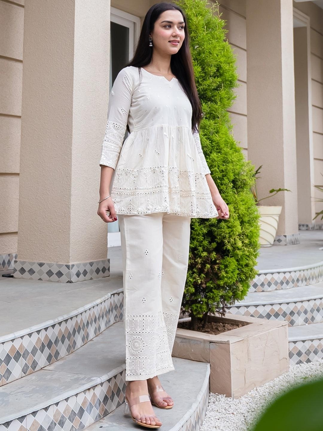 

Libas Women Off White Embroidered Pleated Mirror Work Pure Cotton A-Line Kurti Set
