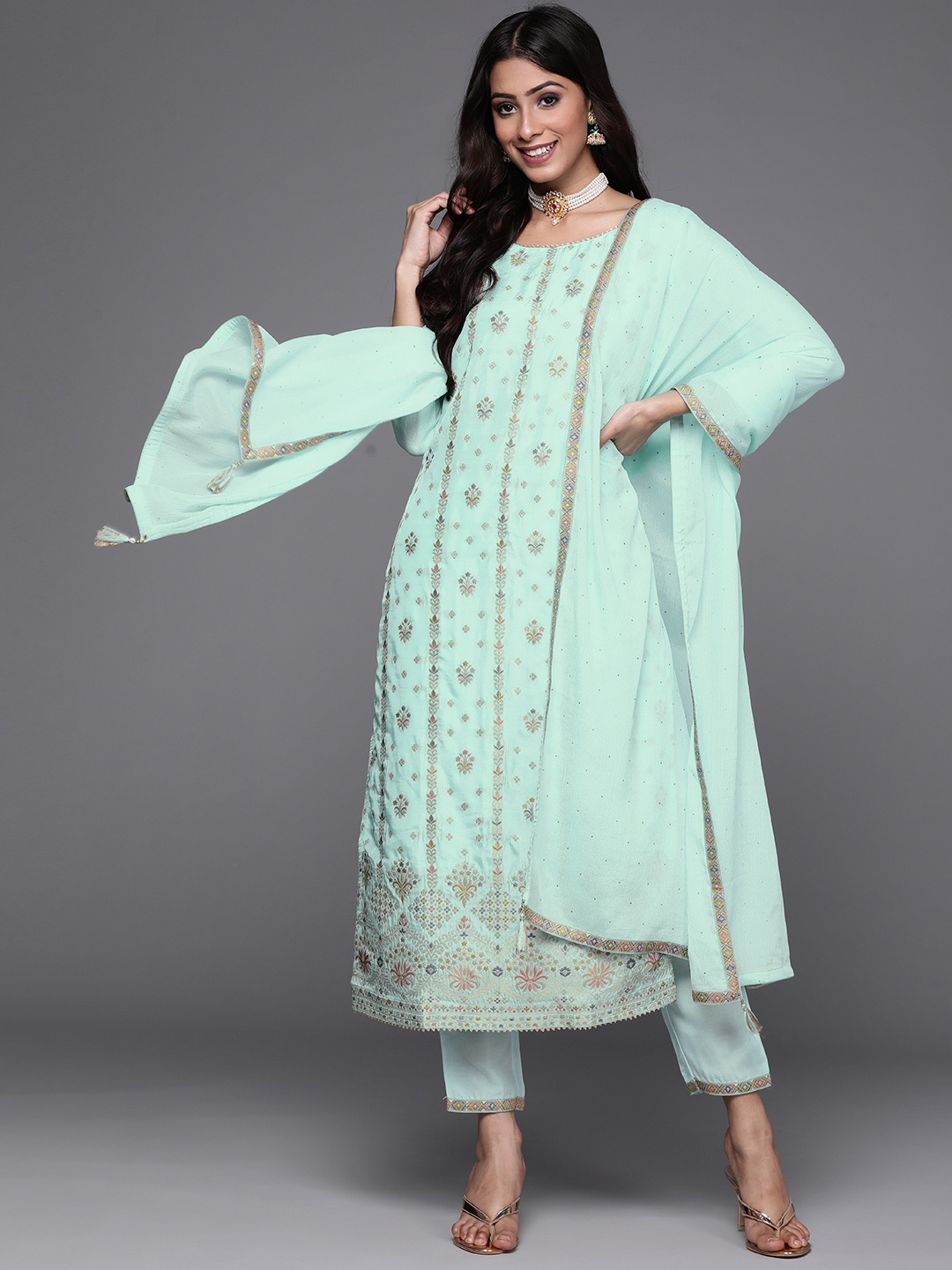 

Libas Women Blue & Gold Zari Woven Design Straight Kurta with Trousers & With Dupatta