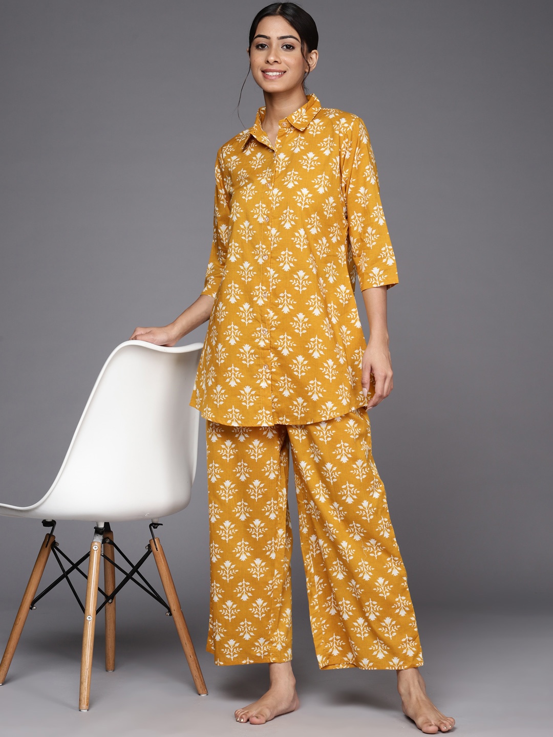 

Libas Women Mustard Yellow & White Floral Print Cotton Longline Pyjama Set