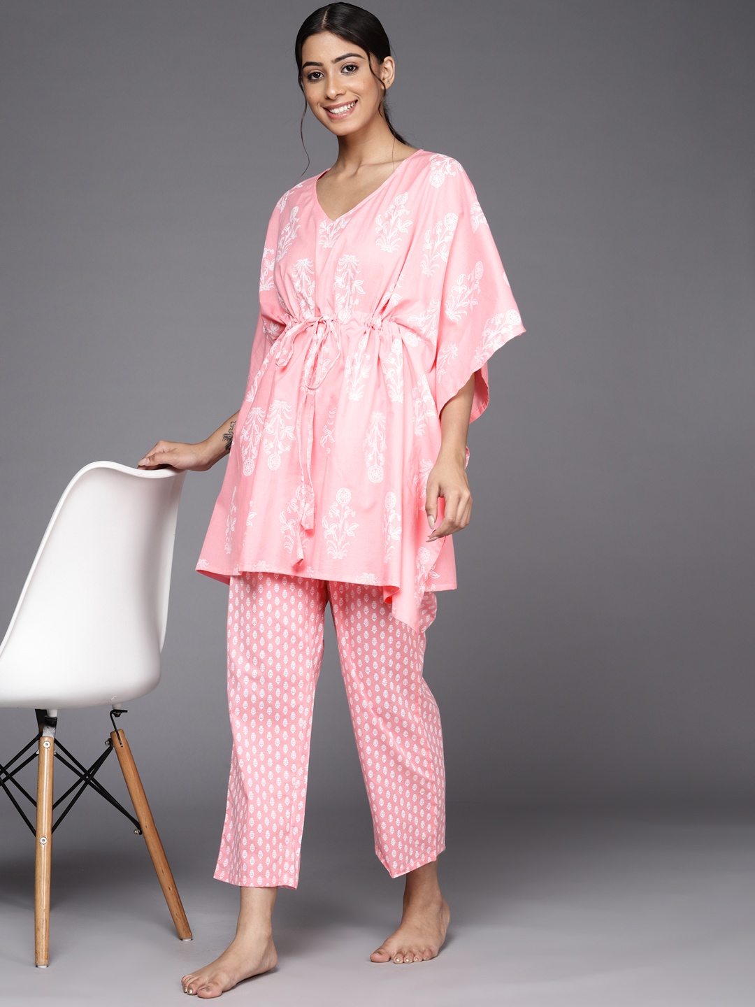 

Libas Women Pink & White Floral Printed Cotton Longline Pyjama Set