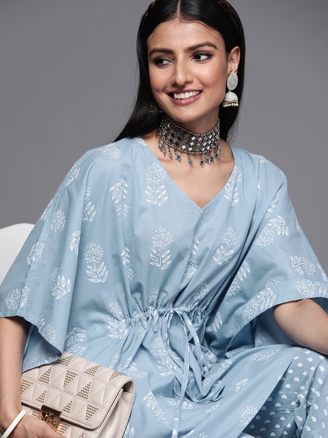 

Libas Women Blue & White Pure Cotton Floral Print Kaftan with Trousers