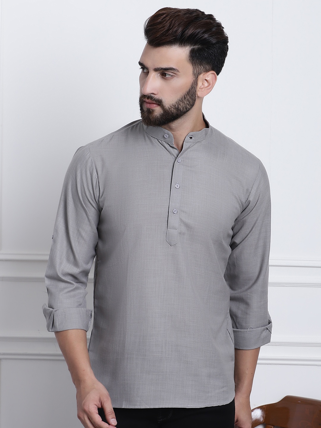 

Anug by SOJANYA Men Grey Band Collar Kurta