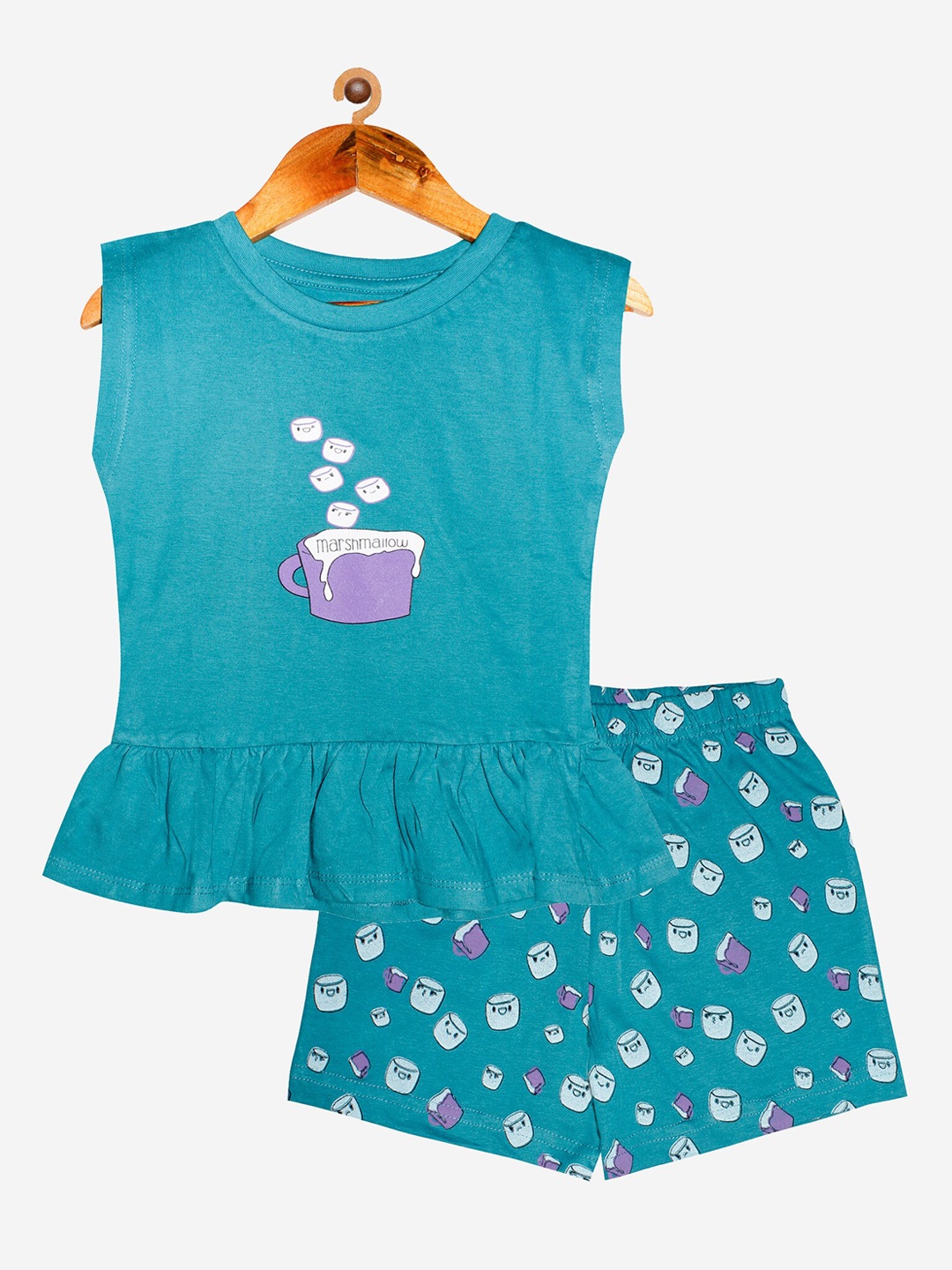

KiddoPanti Girls Teal & White Printed Pure Cotton Night suit