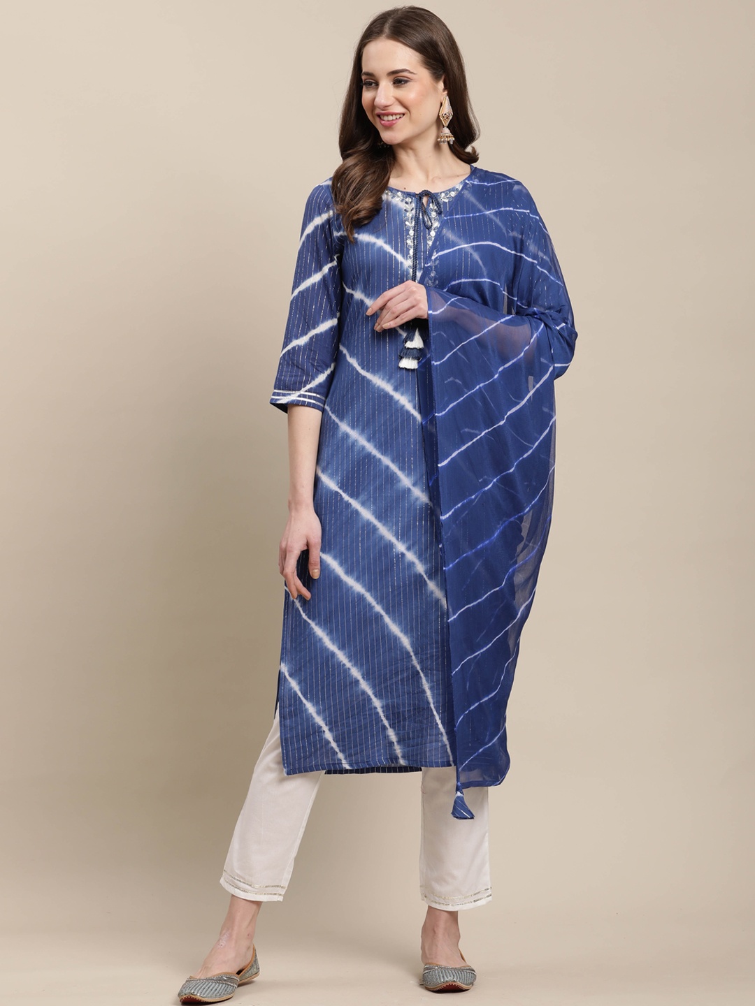 

Rajnandini Women Blue Printed Pure Cotton Kurta with Trousers & Dupatta