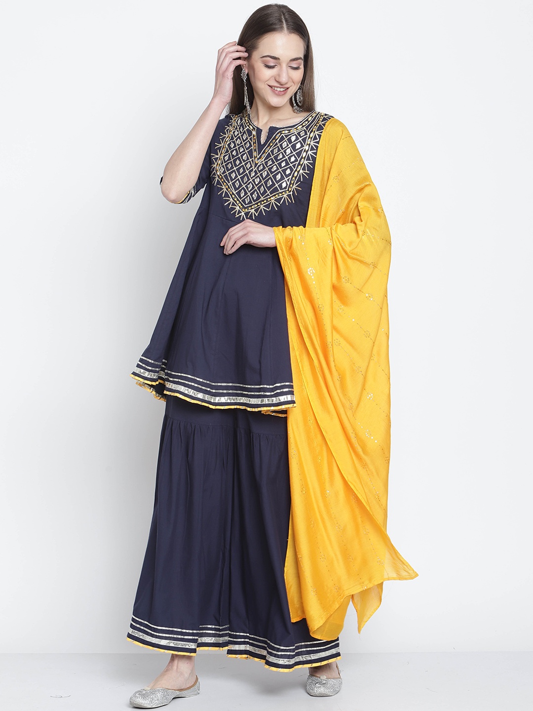 

Rajnandini Women Navy Blue Floral Pleated Gotta Patti Pure Cotton Kurti with Palazzos & With Dupatta