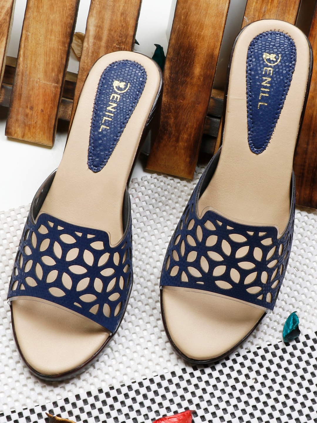 

Denill Blue Textured Block Heel Sandals with Laser Cuts