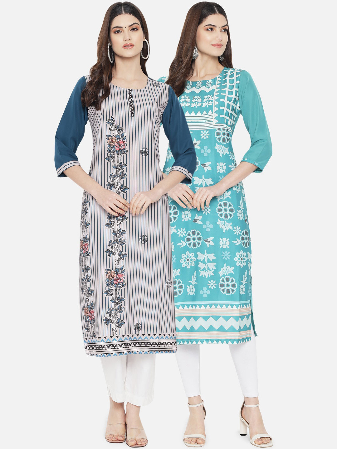 

Ethnic basket Women Pack of 2 Blue & White Floral Printed Straight Kurta