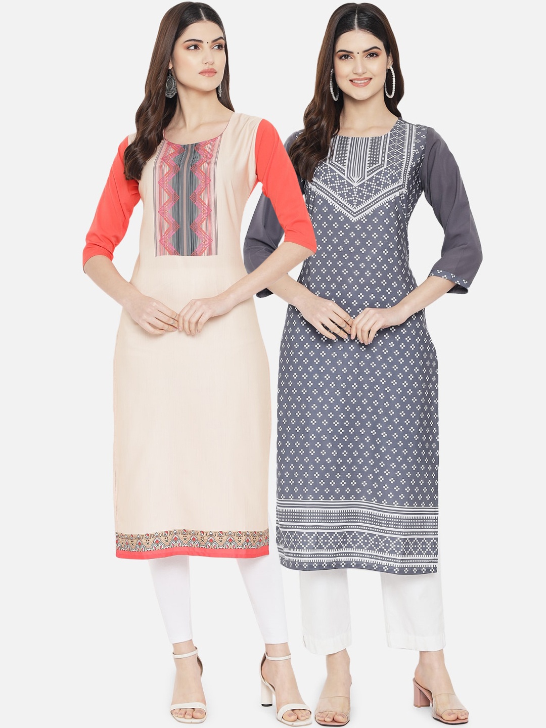 

Ethnic basket Women Pack of 2 Beige & Grey Ethnic Motifs Printed Crepe Kurta