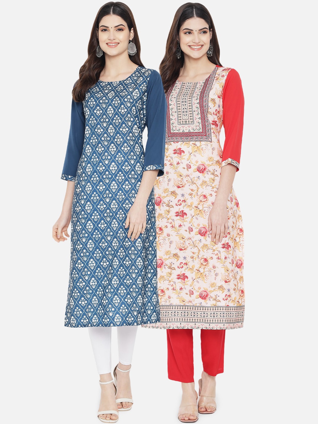 

Ethnic basket Women Blue & Red Ethnic Motifs Printed Crepe Kurta Set Of 2