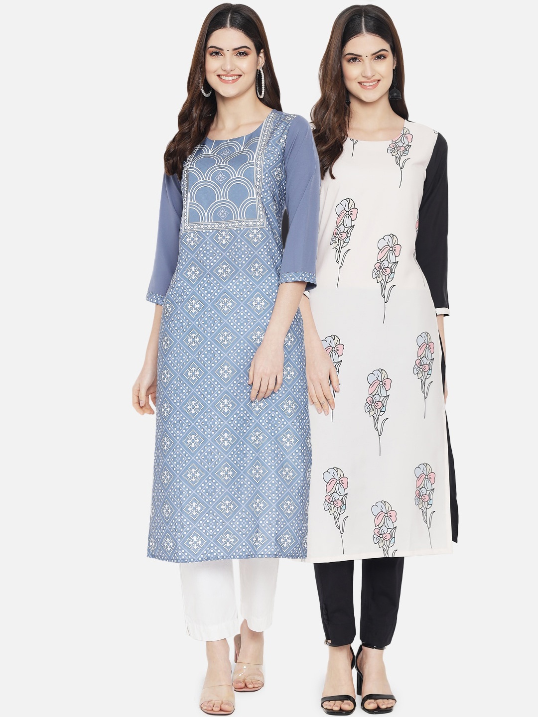 

Ethnic basket Women Pack of 2 Blue & White Geometric Printed Crepe Kurtas