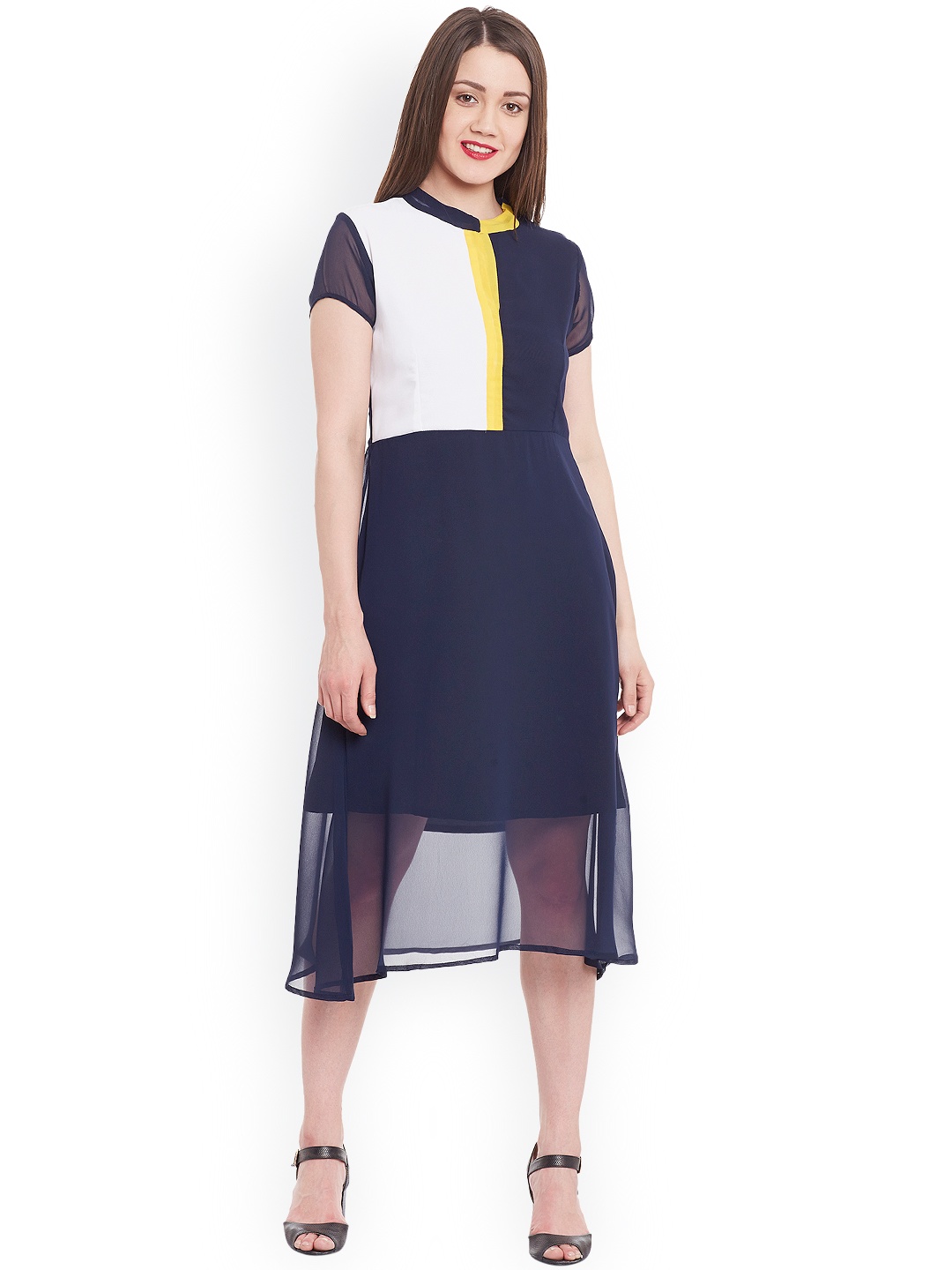 

Zima Leto Women Navy & White Colourblocked Semi-Sheer A-Line Dress, Navy blue