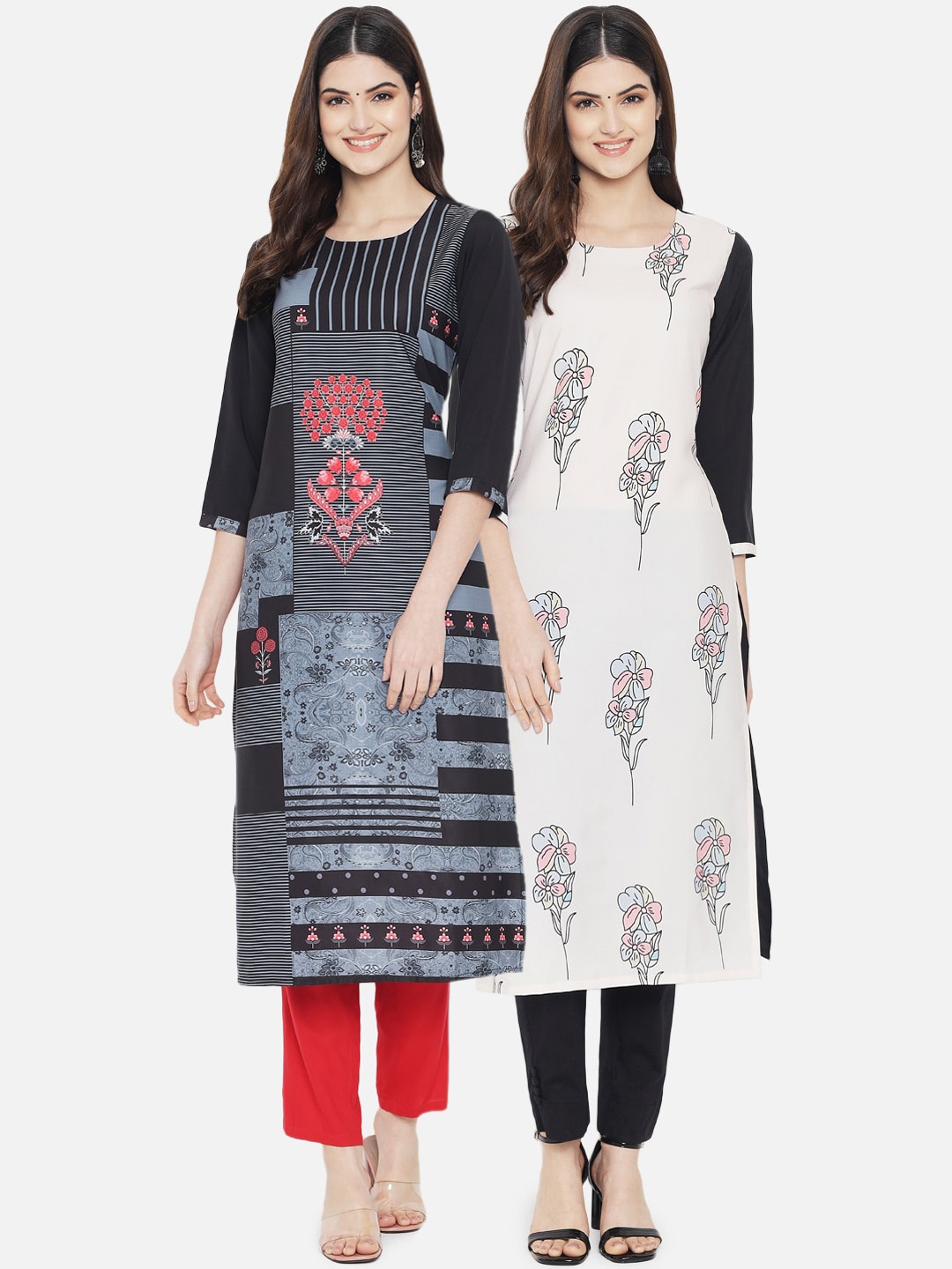 

Ethnic basket Women Pack of 2 Black & White Floral Printed Crepe Kurta