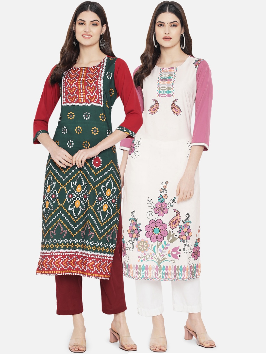 

Ethnic basket Women Pack of 2 Red & White Bandhani Printed Crepe Straight Kurta
