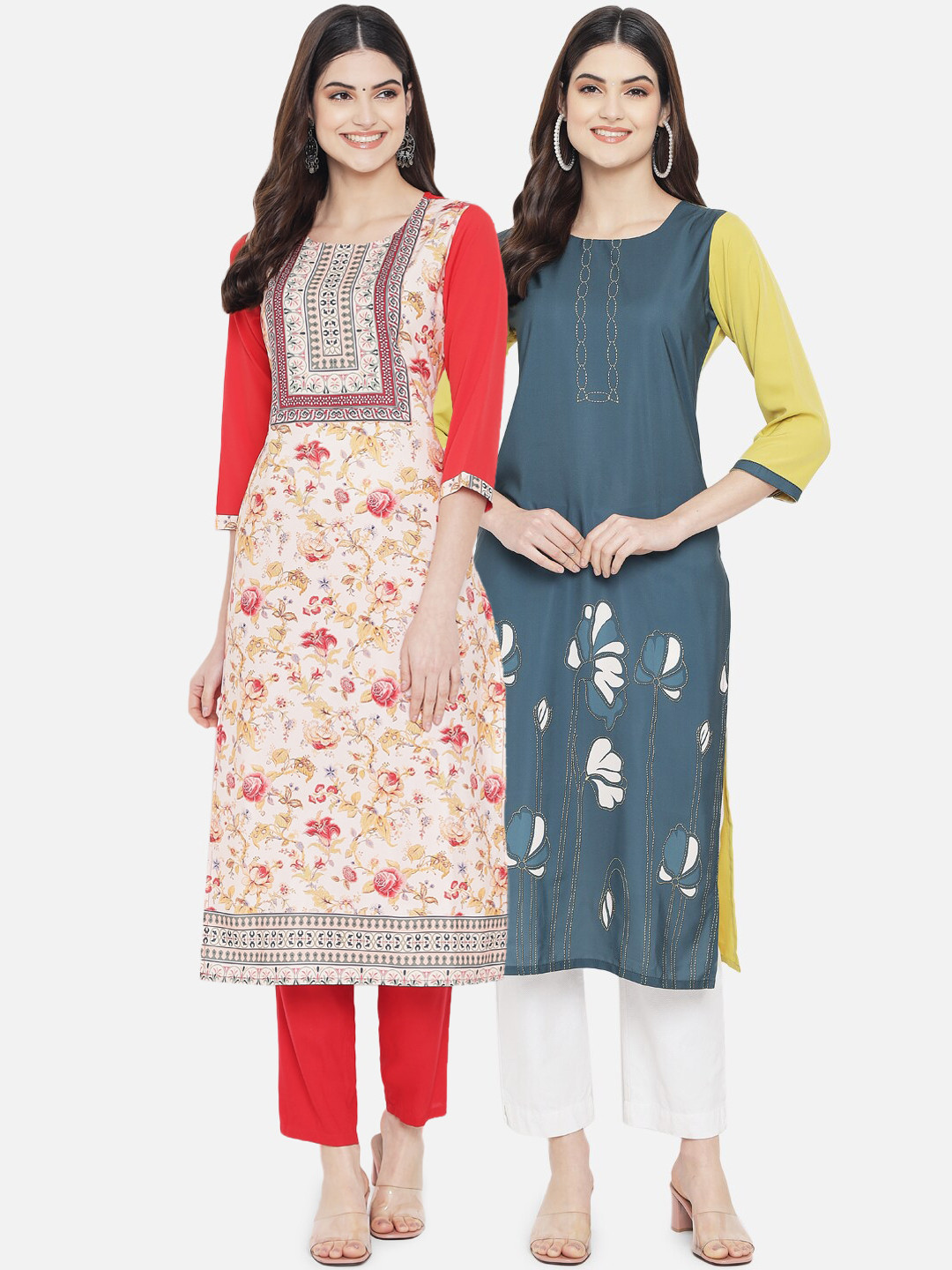 

Ethnic basket Women Pack Of 2 Cream-Coloured & Blue Floral Printed Crepe Kurta