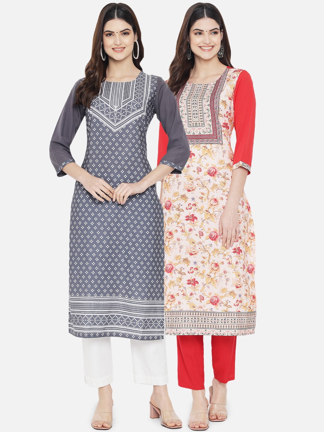 

Ethnic basket Women Grey & Red Floral Printed Crepe Kurta Set Of 2