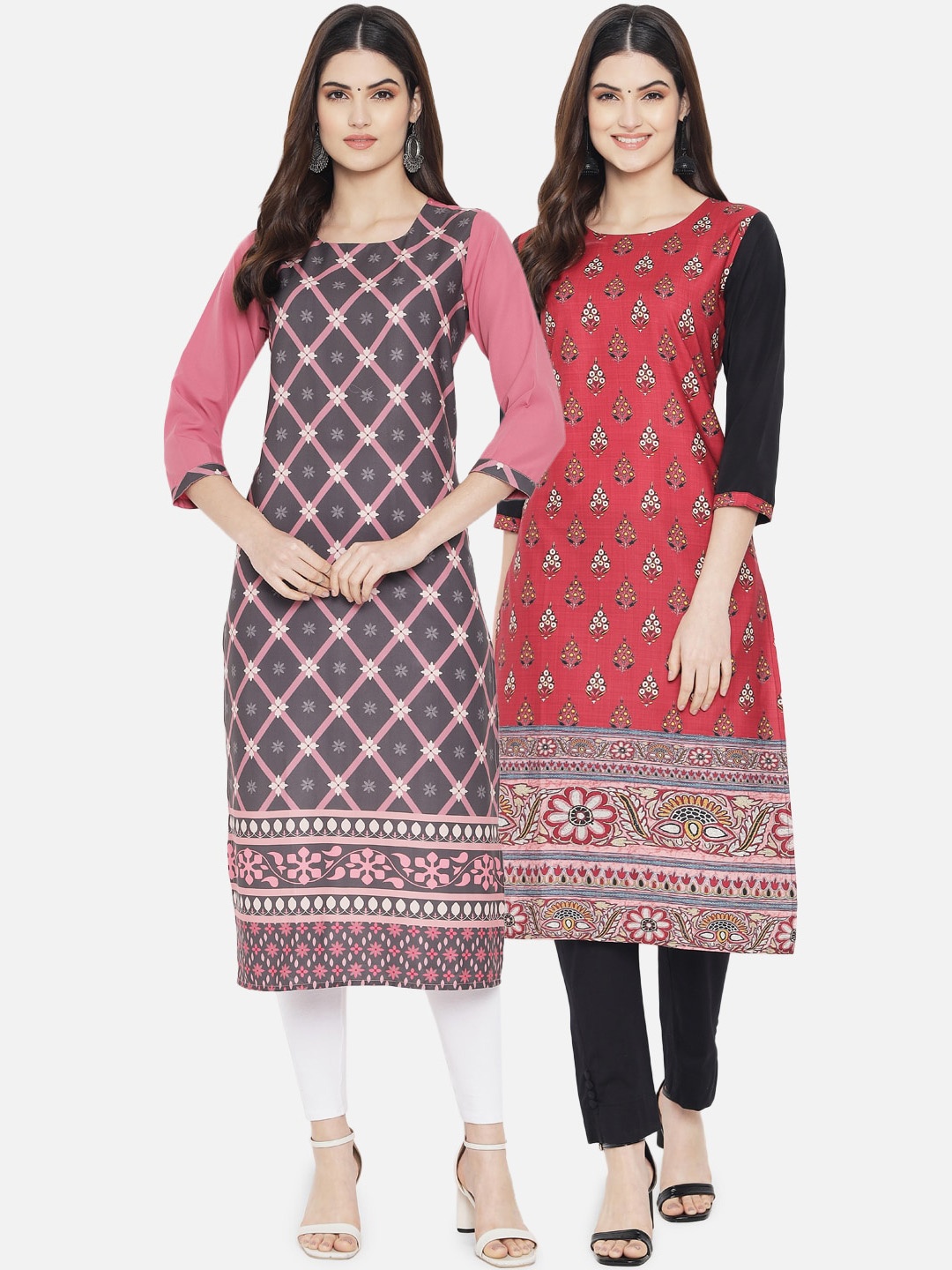 

Ethnic basket Women Pack Of 2 Red & Pink Ethnic Motifs Printed Crepe Kurta