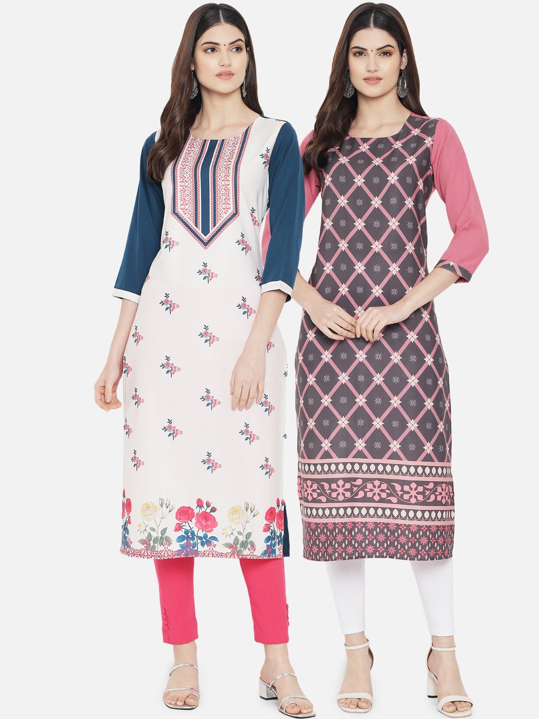 

Ethnic basket Women Pack of 2 White & Pink Floral Printed Crepe Kurtas