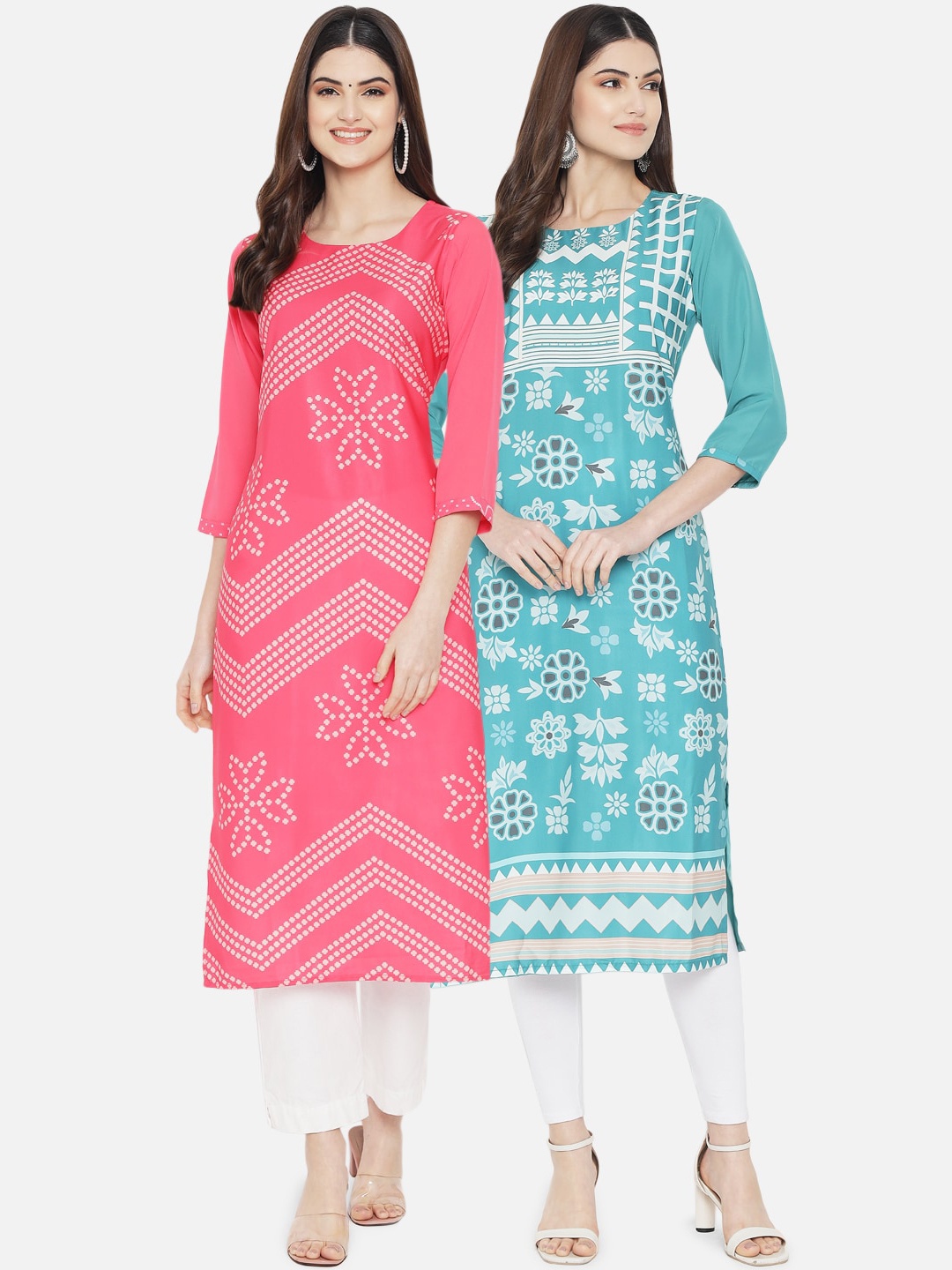 

Ethnic basket Women Pink & Blue Geometric Printed Crepe Kurta Set Of 2
