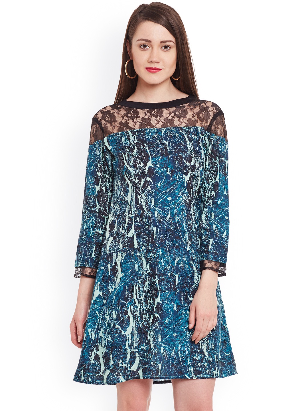 

Zima Leto Women Teal Green Printed A-Line Dress