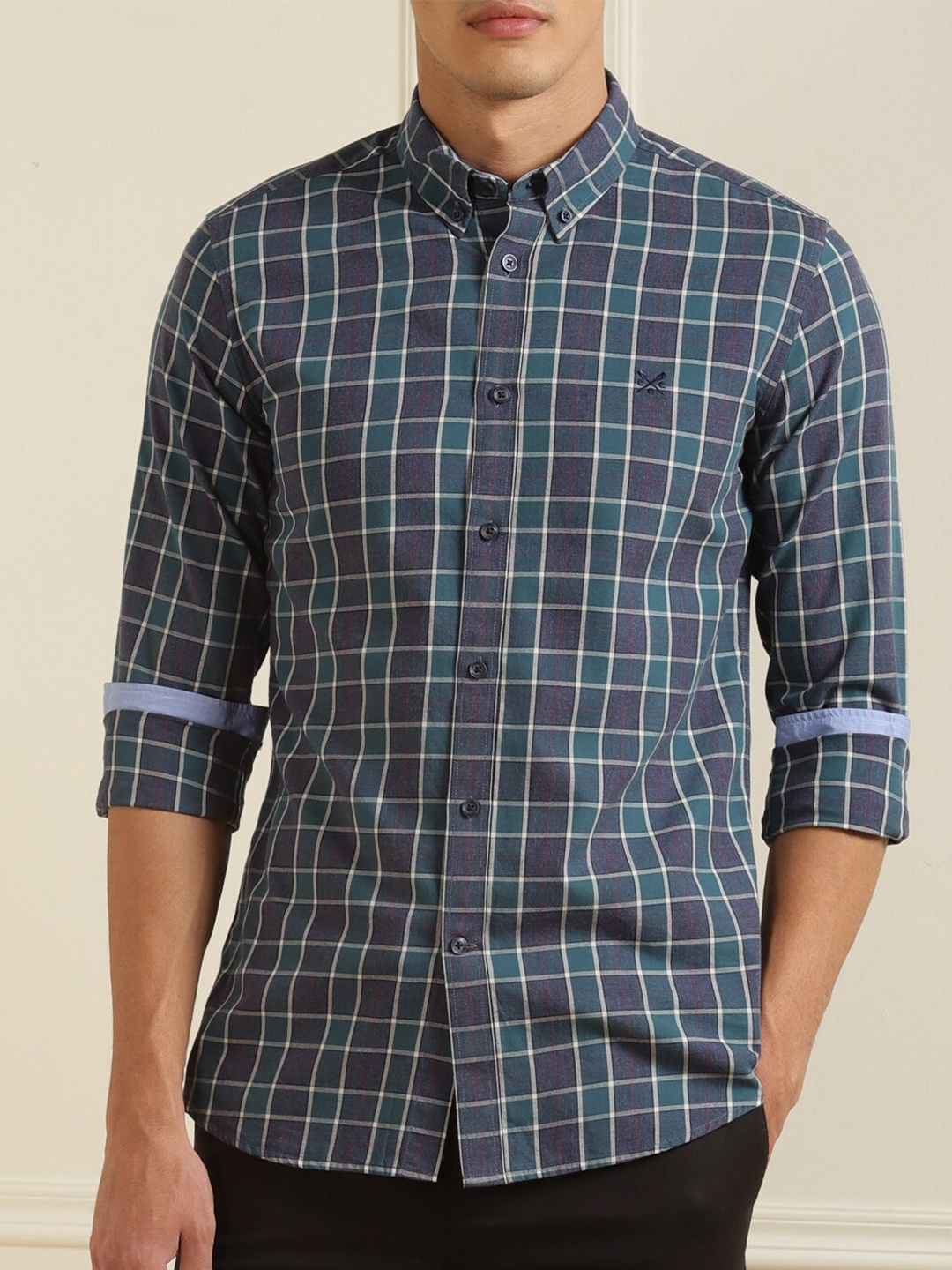 

Crew Clothing Men Navy Blue Checked Cotton Casual Shirt