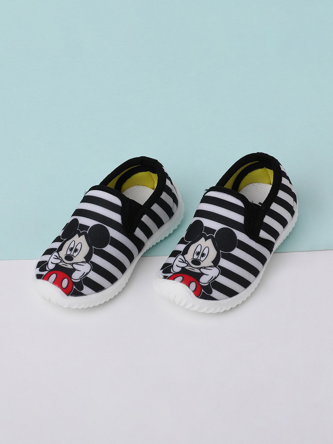 

max Boys Black Mickey Mouse Striped PU Slip-On Sneakers
