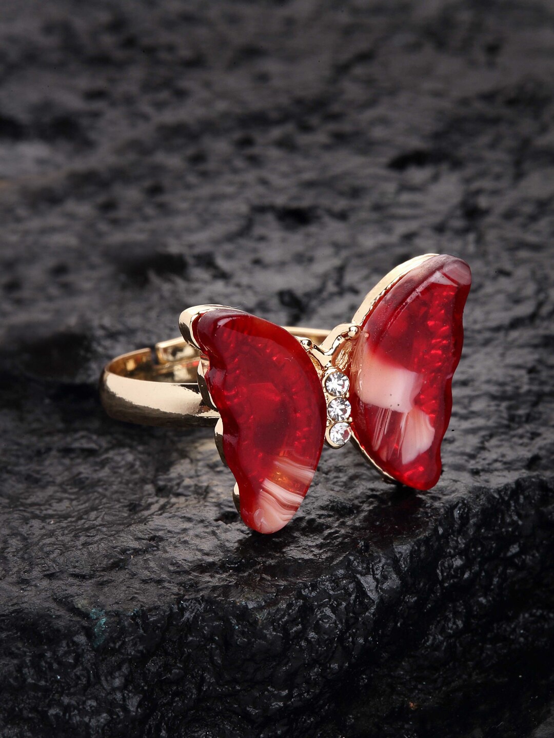 

VOGUE PANASH Gold-Plated & Red CZ Stone Studded Butterfly Design Adjustable Ring